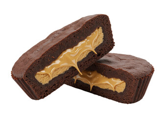 Isolated Bitten Chocolate Brownie with Creamy Peanut Butter Filling on White Background