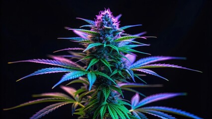 Large cannabis plant with purple green buds — illuminated neon leaves on black canvas with empty space