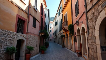 Fototapeta premium Narrow, cobblestone streets of Budva Old Town, Montenegro, featuring ancient architecture, alleyway, historic