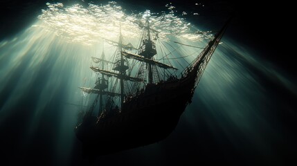 Fototapeta premium Sunbeams illuminate a dark, submerged pirate ship