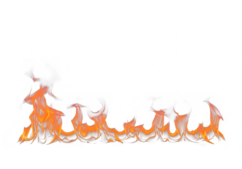 A horizontal line of realistic orange and yellow flames with wisps of smoke, isolated on a clean transparent background