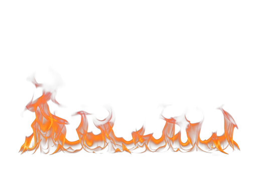 A horizontal line of realistic orange and yellow flames with wisps of smoke, isolated on a clean transparent background