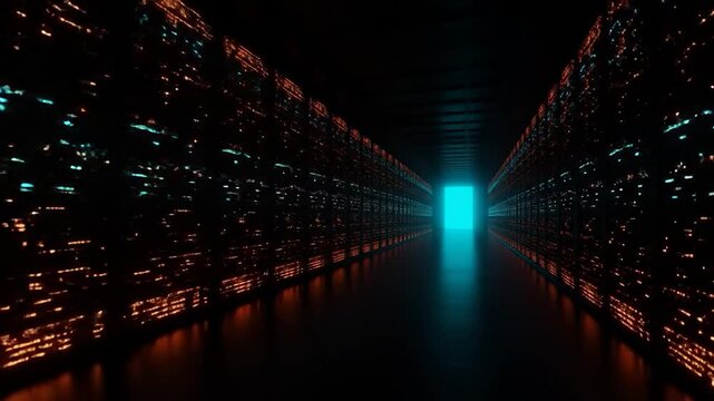 Data center server room corridor with illuminated doorway leading to bright technology future - Powered by Adobe