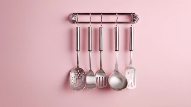 Four stainless steel cooking utensils hang from a wall-mounted rack against a pale pink background.  The utensils include a slotted spoon, a spatula, a serving spoon, and a perforated spoon
