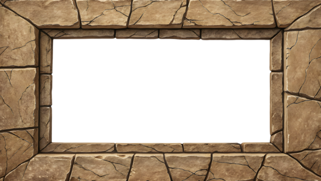 Weathered stone blocks form rectangular frame with visible cracks and natural texture, isolated on a transparent background