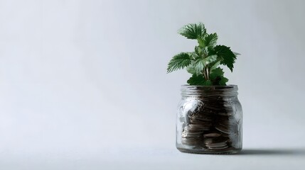 A plant growing from coins in a jar a visual metaphor for financial growth and savings
