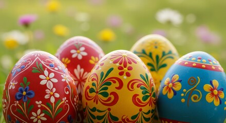 Colorful Painted Easter Eggs in Grassy Field