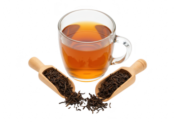 Hot tea in a glass cup with two wooden scoops of loose tea leaves, isolated on transparent background
