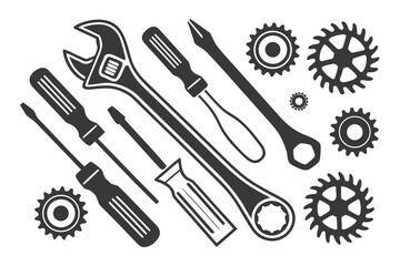 Vector illustration of a set of tools including hammer wrench screwdriver and screws