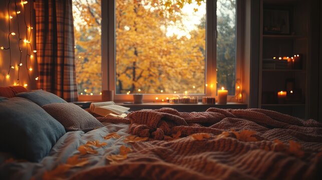 Autumnal cozy bedroom with warm lighting and fall foliage view showcasing a peaceful and inviting space