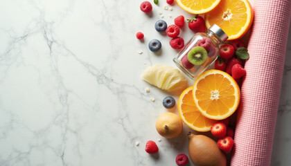 Fresh Fruits, Yoga Mat & Water Bottle Flat Lay, Vibrant Wellness Lifestyle  for Fitness, Healthy Living, and Magazine Covers