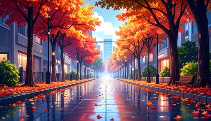 Autumnal city street with rain reflections
