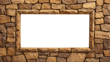 Irregular stone pieces create rustic rectangular frame with mixed textures and natural weathering patterns, isolated on a transparent background