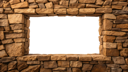 Stacked stone blocks form sturdy rectangular frame with horizontal layering and warm sandstone appearance, isolated on a transparent background