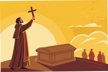 Priest raising cross at somber funeral, solemn blessing, poignant moment, faith, hope, eternal life, peace.