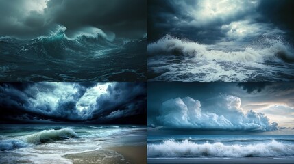 A four-panel image depicting dramatic seascapes under stormy skies; powerful waves crash against the shore, showcasing various cloud formations and lighting effects