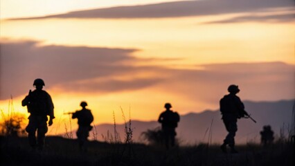 Troops on mission in fading light &mdash; dark outlines set against glowing horizon
