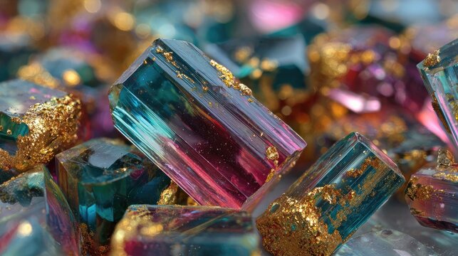 Close-up of colorful, rectangular, translucent gems with gold flecks