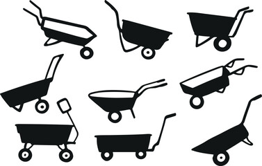 Wheelbarrow Vector Silhouettes – Garden Tool Icons, Construction Equipment Clipart, Farming Cart Illustration, Outdoor Work Tools Vector, Gardening Wheelbarrow Pack, Agricultural Tool Graphics, Carry 
