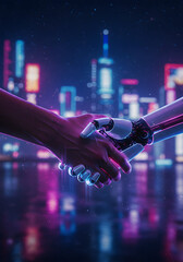 Human Hand Shaking Robotic Hand with Futuristic City Lights