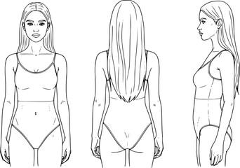 Three views of a female figure are illustrated, naked , vector