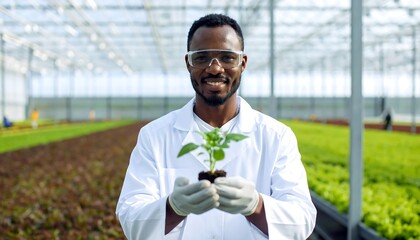 Smiling scientist holding seedling in greenhouse