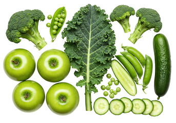 Assortment of fresh green vegetables and fruits including broccoli, apples, kale, peas, and cucumber, isolated on transparent background for healthy eating