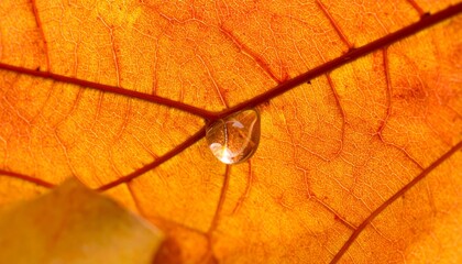 A closeup macro of a vibrant orange leaf with water drops on its autumn foliage