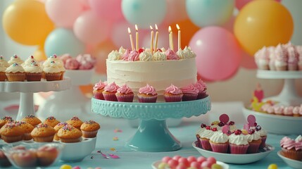 Colorful pastel birthday treats with cupcakes and cake perfect for a party setting