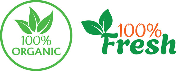 100% Organic and Fresh Labels – Green Natural Healthy Food Vector Badges