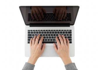 Overhead view of hands typing on a laptop computer, representing work, study, and digital communication, isolated on transparent background