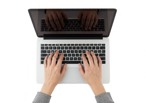 Overhead view of hands typing on a laptop computer, representing work, study, and digital communication, isolated on transparent background