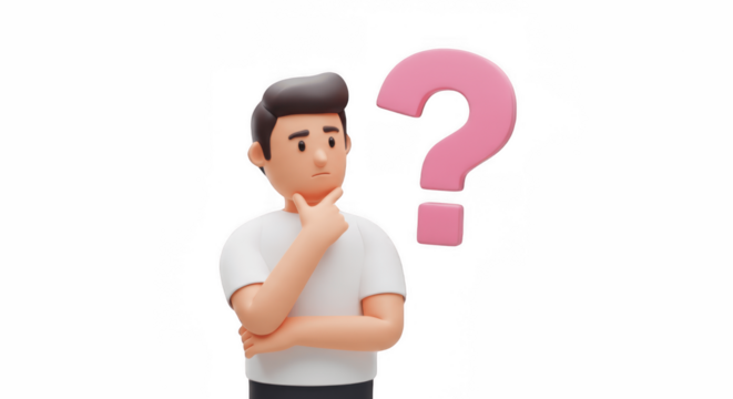 3D Confused Man with Question Mark – Cartoon Character PNG with Transparent Background