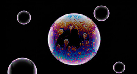 Fototapeta premium AI generative Explore mesmerizing patterns of iridescent soap bubbles floating in the dark against a black backdrop