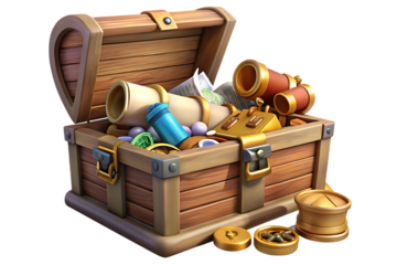 A wooden treasure chest overflowing with items