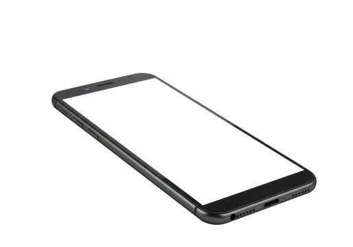 A modern black smartphone with a blank white screen, angled view, isolated on transparent background