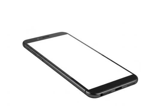 A modern black smartphone with a blank white screen, angled view, isolated on transparent background