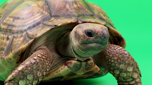 Detailed view of a land tortoise against a bright green backdrop