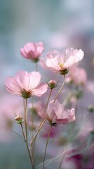 Obraz premium Delicate pink cosmos flowers blooming in soft focus against a pastel background