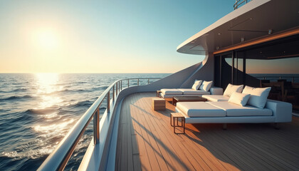 Fototapeta premium Luxury Yacht Deck at Golden Hour – Premium of Modern Sailing Elegance, Ocean Voyage, and High-End Travel Lifestyle