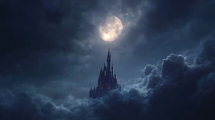 Magnificent castle floating among the clouds under a luminous full moon
