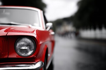 Fototapeta premium Classic red vintage car on street, retro automobile detail focus