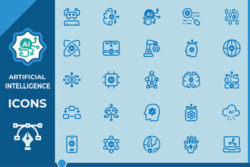 Artificial intelligence icons set.. AI technology icons. related to  Technology, optimisation, expert, automation, creativity, brain  icon and more. vector illustration.