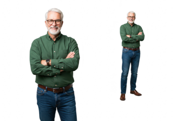 A smiling senior man with a beard and glasses, wearing a green shirt and blue jeans, standing with arms crossed, isolated on a transparent background