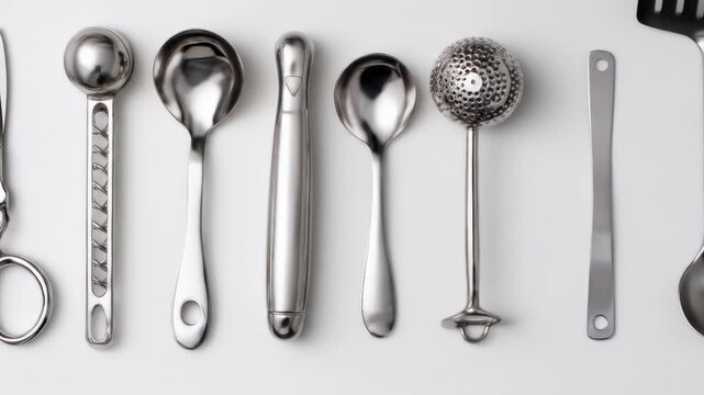 Seven stainless steel kitchen utensils are arranged in a row on a white background