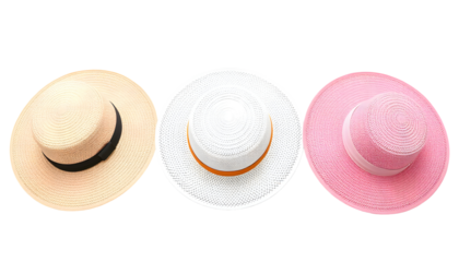 Three colorful sun hats isolated on transparent background.
