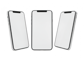 Three smartphones with blank white screens isolated on transparent background for mockup