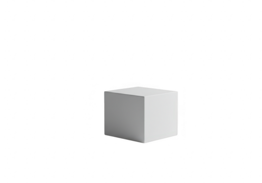 A simple white cube isolated on a transparent background, representing a basic geometric shape and minimalist design element