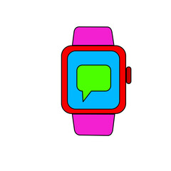 Vector illustration of a colorful smartwatch with chat message icon on screen. Perfect for themes of technology, wearable devices, digital communication, and modern lifestyle.