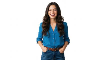 Young latina woman laughing happily, isolated on transparent background